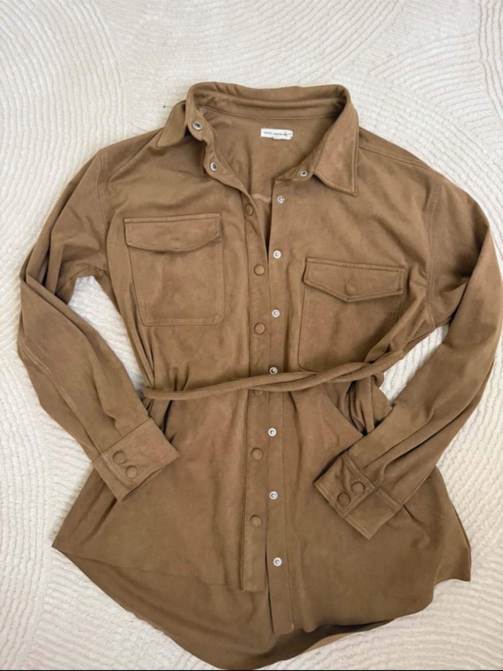 Good American AUTHENTIC SUEDE Brown Suede-Look Belted Button-Down Shirt